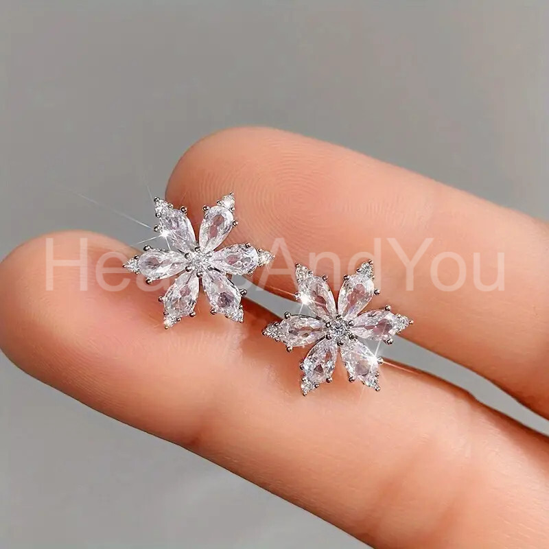 2ct Pear Cut Moissanite Floral Snowflake Stud Earrings 14K White Gold Plated