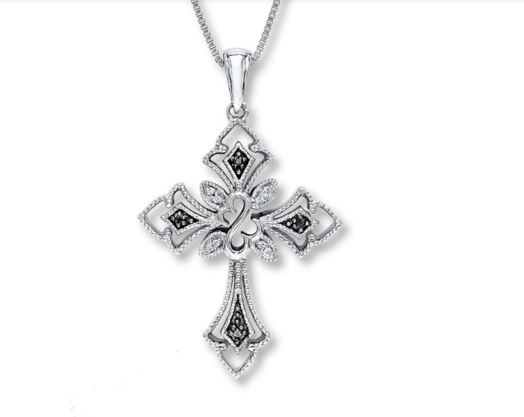Jane Seymour SS Open Hearts Gothic CROSS 1/6ct Diamond Necklace 💎 KAY BOX 💎