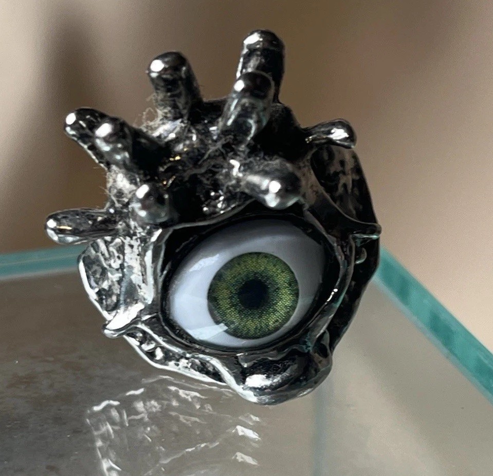 Gothic Green Eyeball Statement Ring Horror Monster Eye Silver Tone Size 8.5
