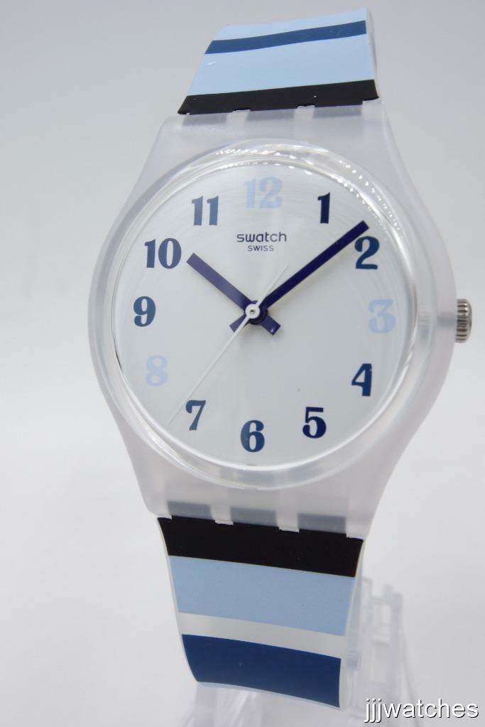 Swatch Swiss Originals NIGHT SKY Semi-Transparent Blue Stripes Watch 34mm GE275