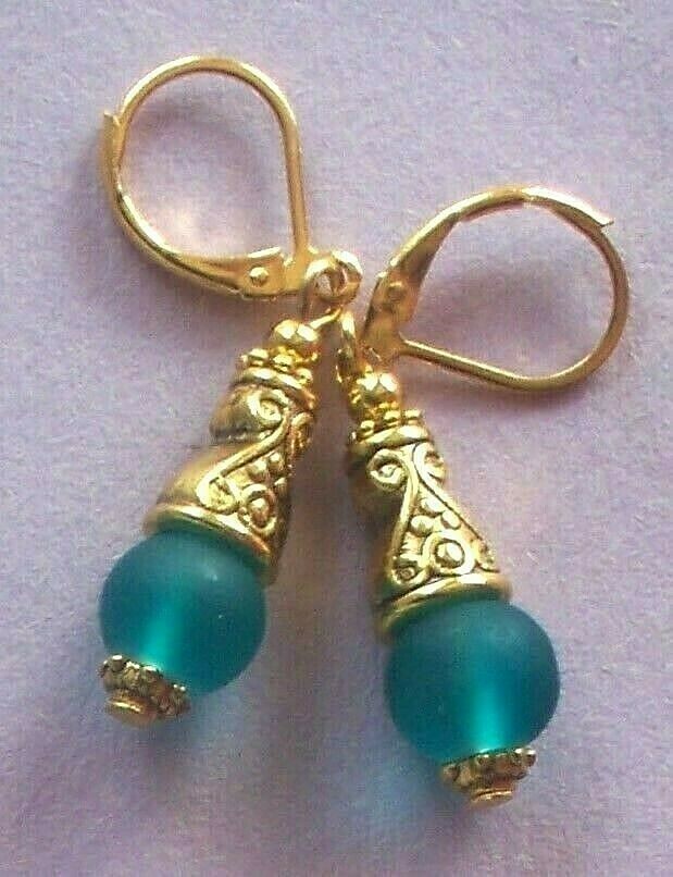 teal green BEACH FROSTED GLASS drop earring GP HANDCRAFTED XX