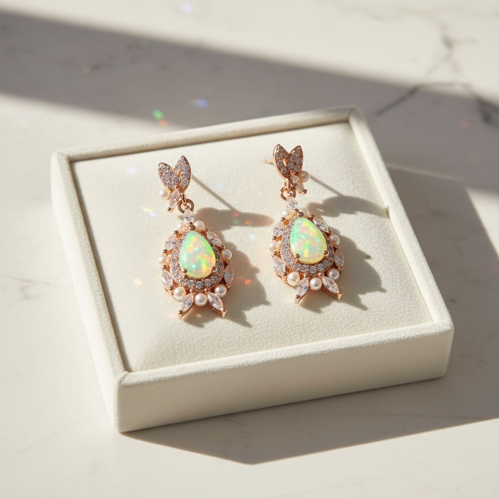 Fire Opal Elegant Drop Dangle Earrings 4x5mm 925 Sterling With Platinum Plating