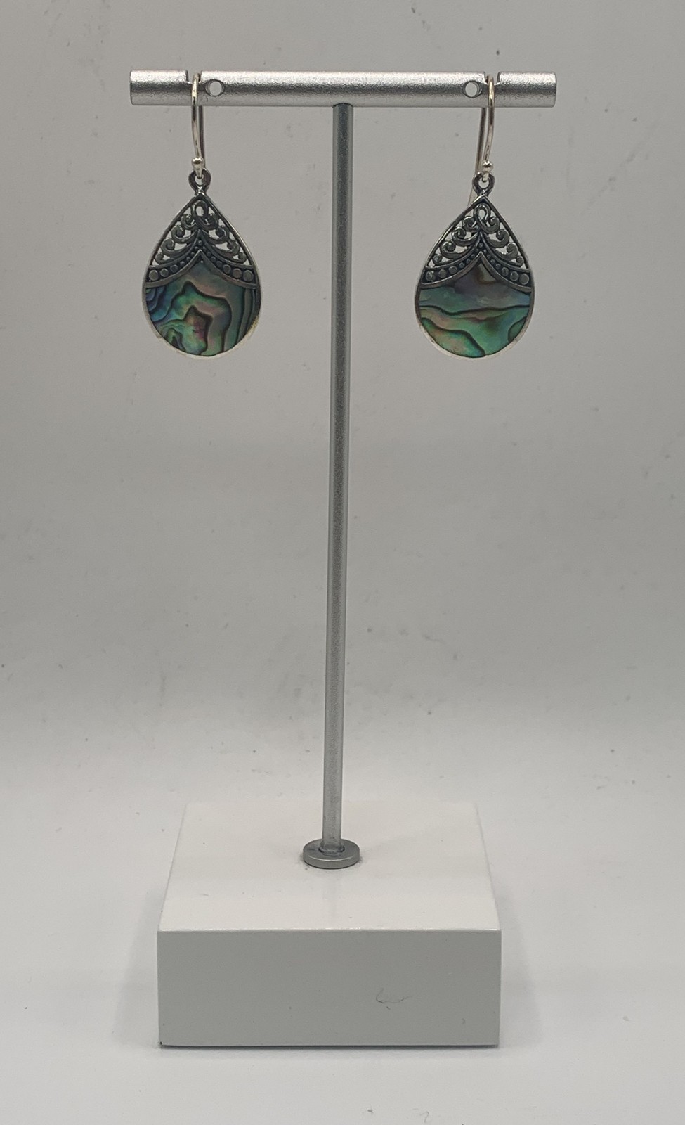 Sterling Silver 925 Abalone Shell Filigree Teardrop Dangle Earrings 5.4g