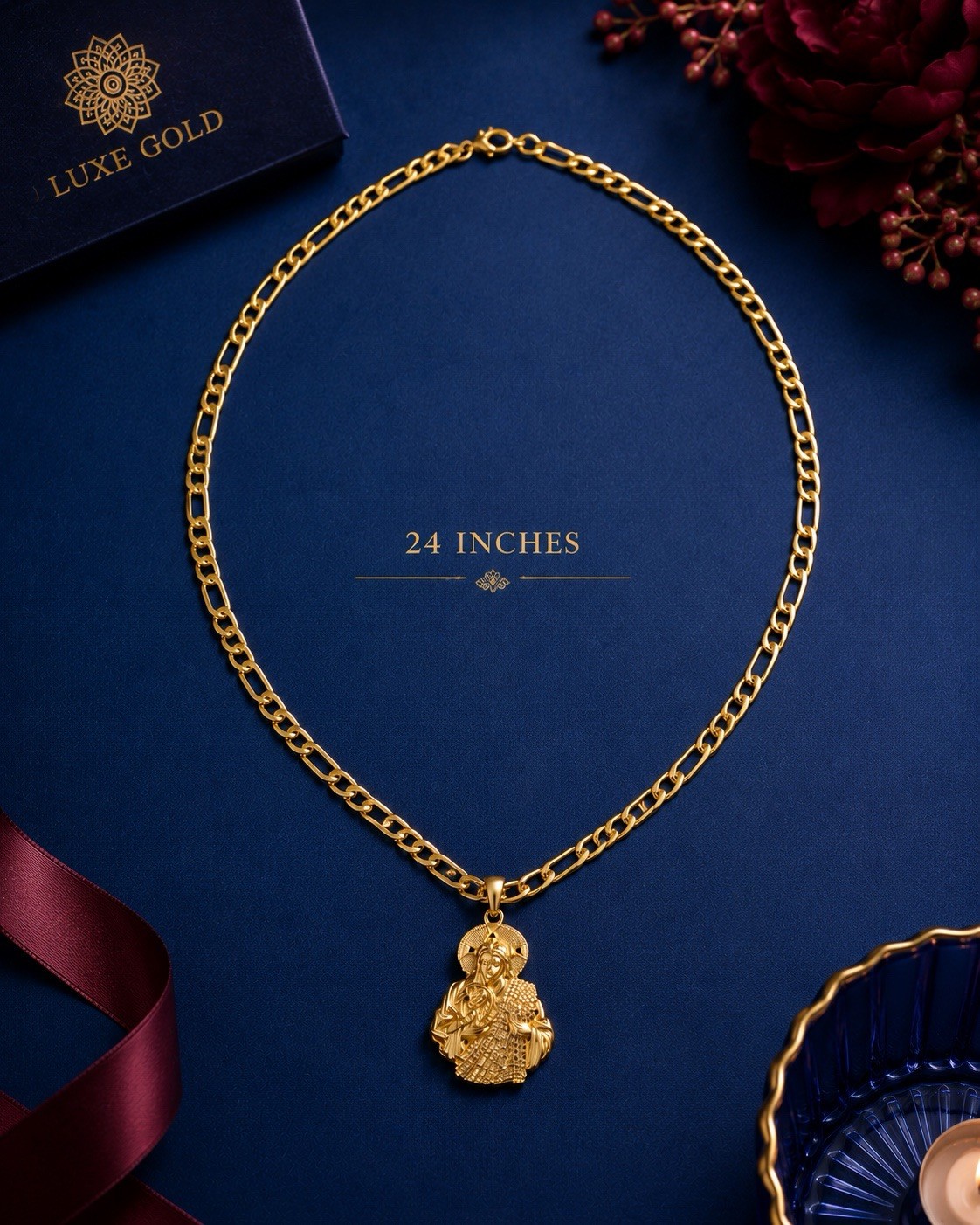 Luxe Gold Yellow Gold Plated Figaro Chain Religious Round Charm 24in