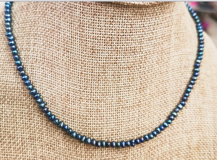 15.2″4mm natural south sea genuine black blue unfinished pearl necklace DIY