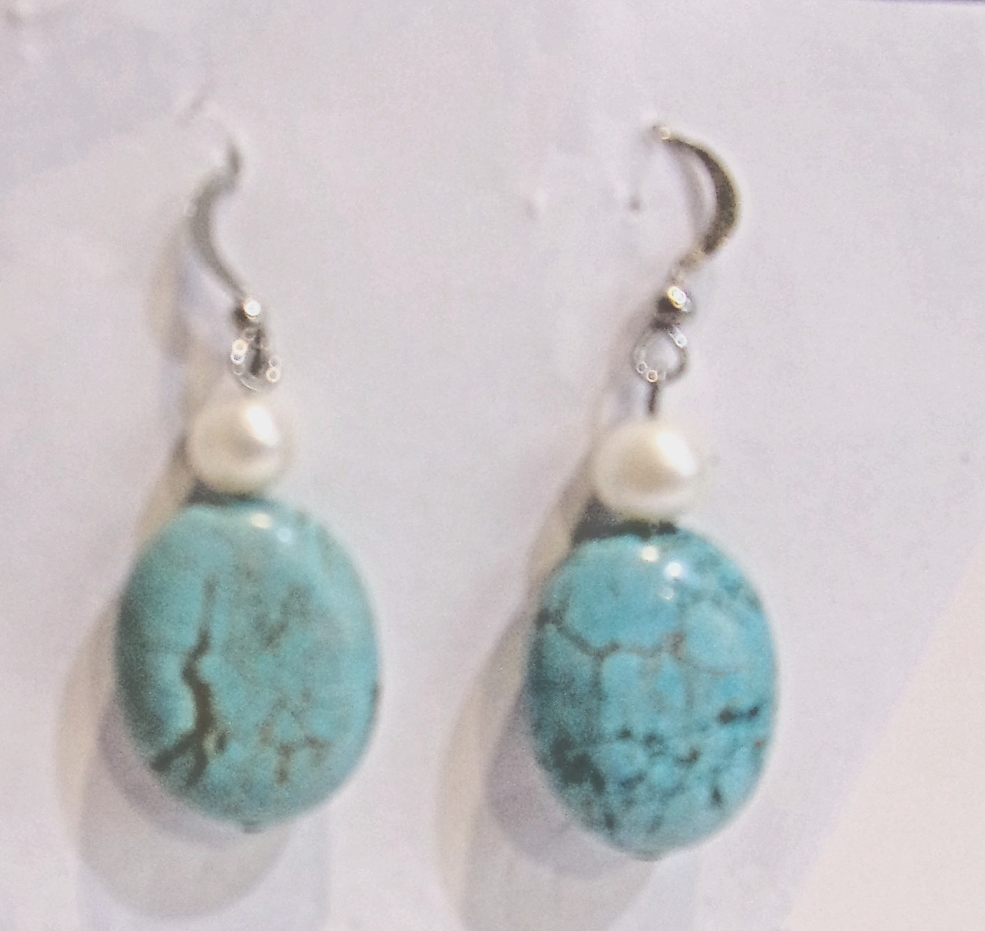 Turquise Blue Howlite & Genuine Pearl Drop Dangle Pierced Earrings