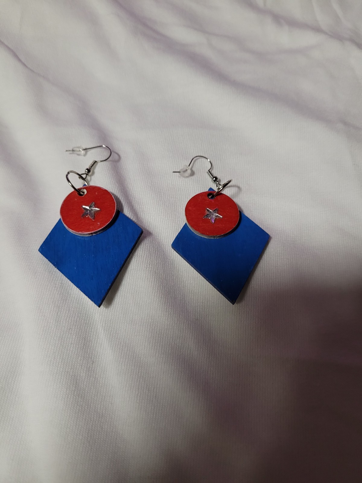Hand Painted Wooden Wire Earrings Red White and Blue Stars