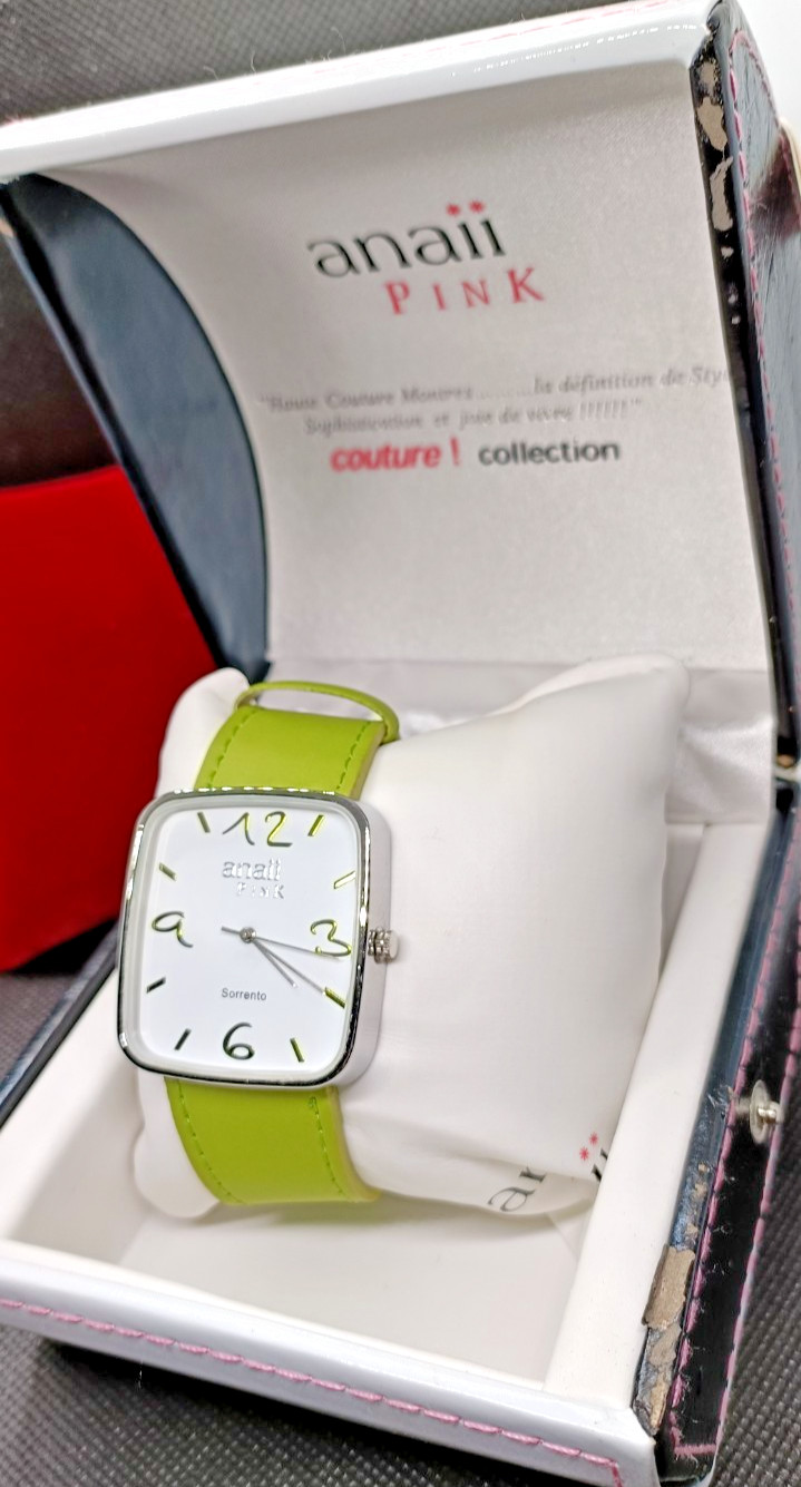 ANAII PINK Ladies Green Strap Square Case Quartz Watch – VGC & Working