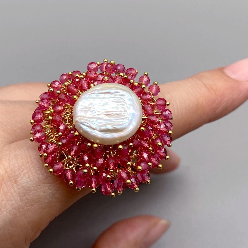 Pink Crystal White Coin Pearl Finger Rings Cocktail Adjustable Gold Tone Ring