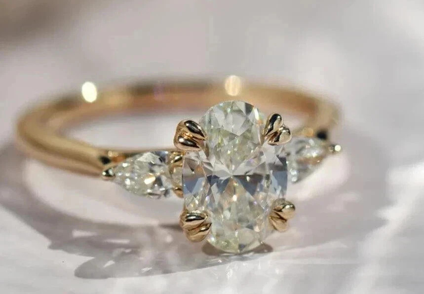 12x8MM Oval Cut 14K Yellow Gold Plated Moissanite Three Stone Engagement Ring