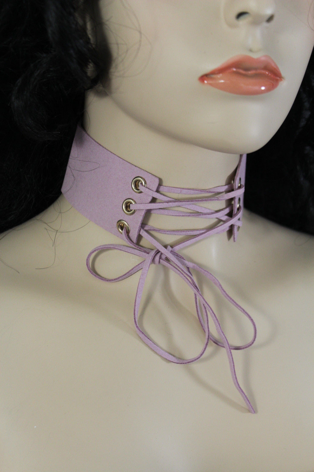 NEW Women Pastel Pink Faux Leather Fabric Fashion Corset Choker Necklace Tie
