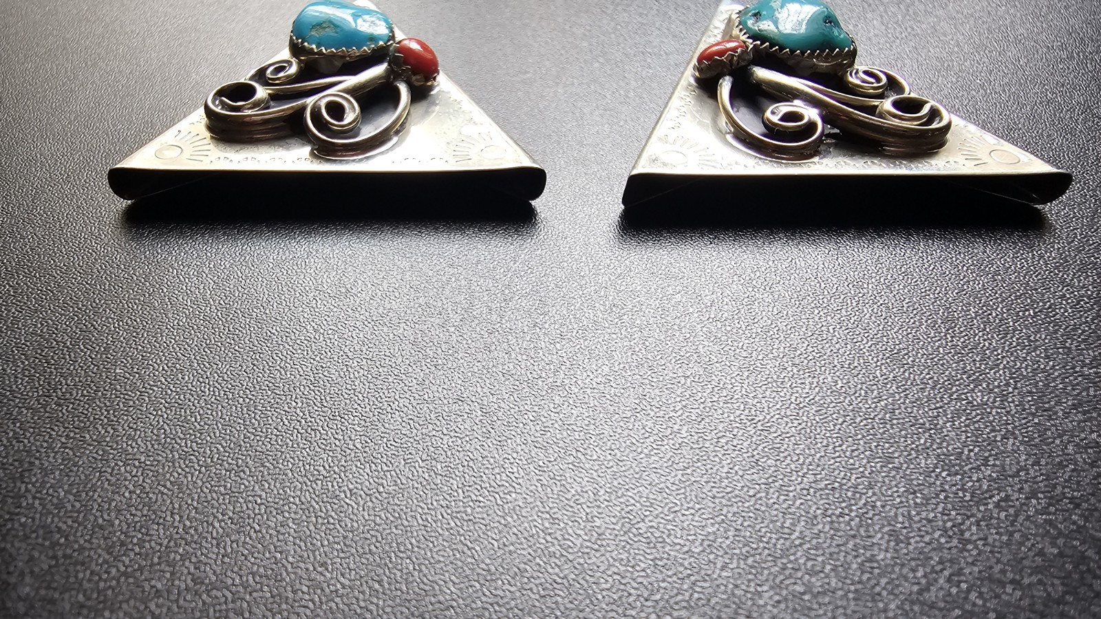 Triangle Collar Cover Silver Tone Metal Blue Turquoise & Red Coral Bezel 2in