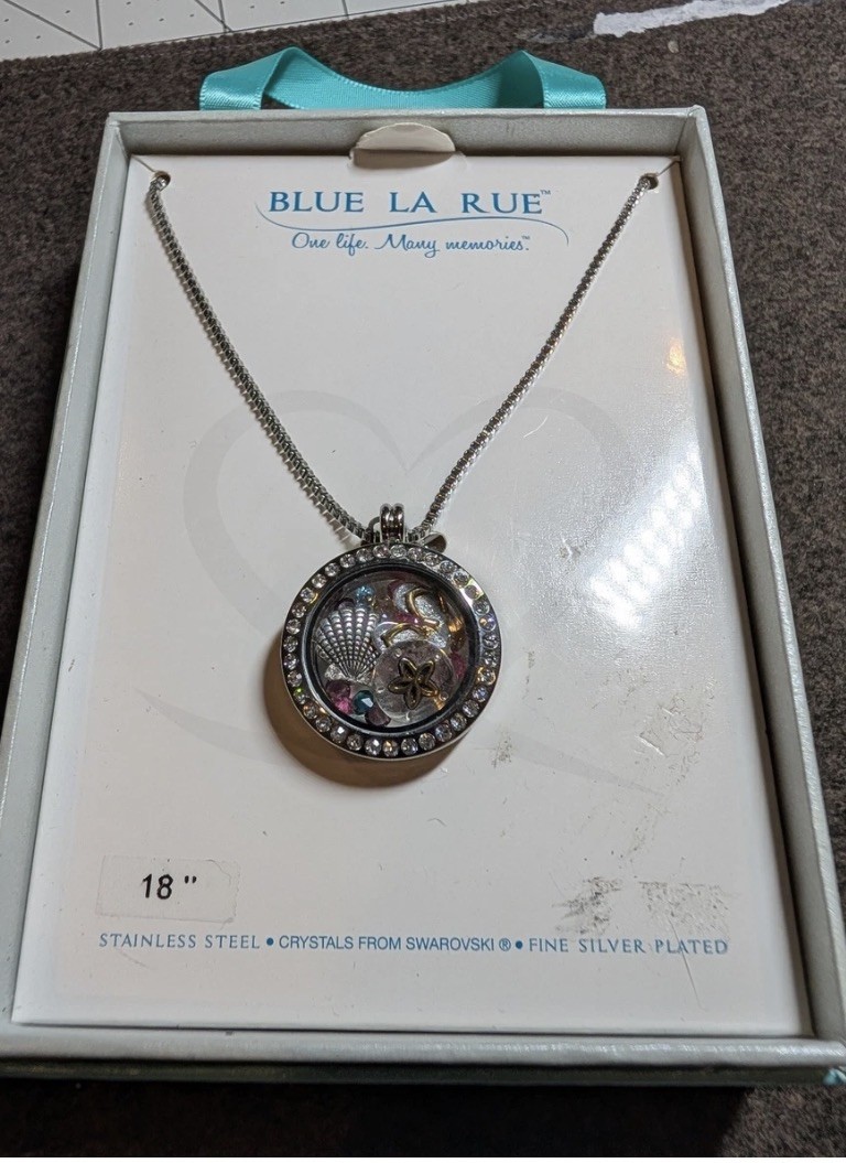Blue La Rue Floating Locket Necklace Swarovski Crystals Beach Shell Starfish 18″