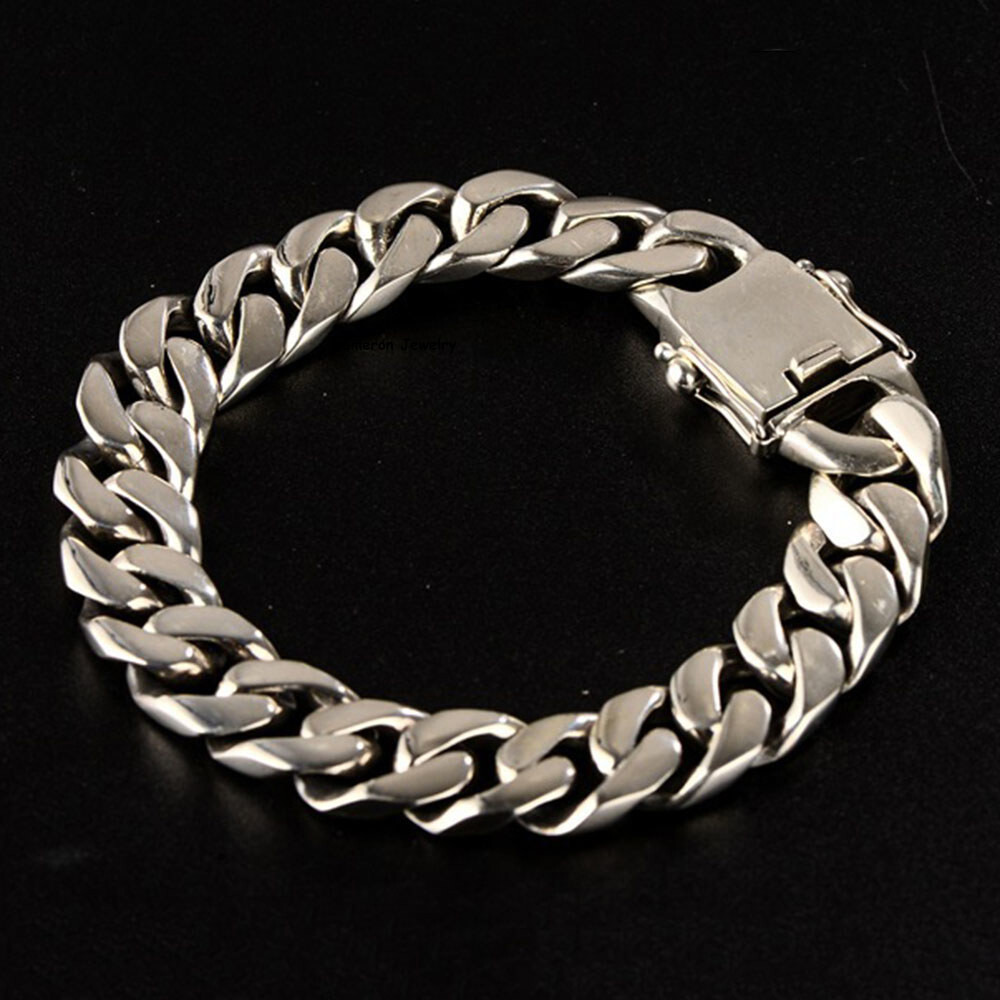 Real S925 Sterling Silver Chain Men 12mm Curb Cuban Link Bracelet 7.9-8.3inch