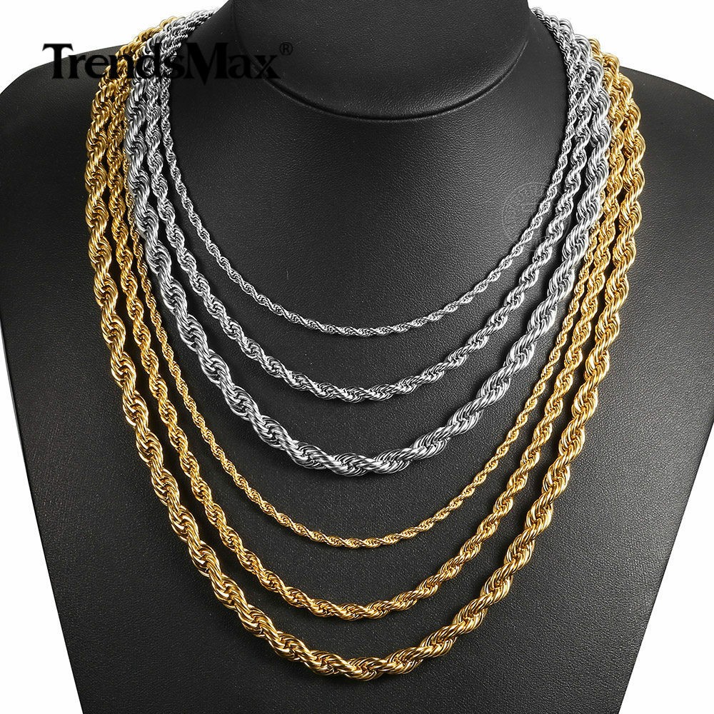 3-7MM Gold Plated Stainless Steel Diamond Cut Twisted Rope Chain Necklace 16-32″