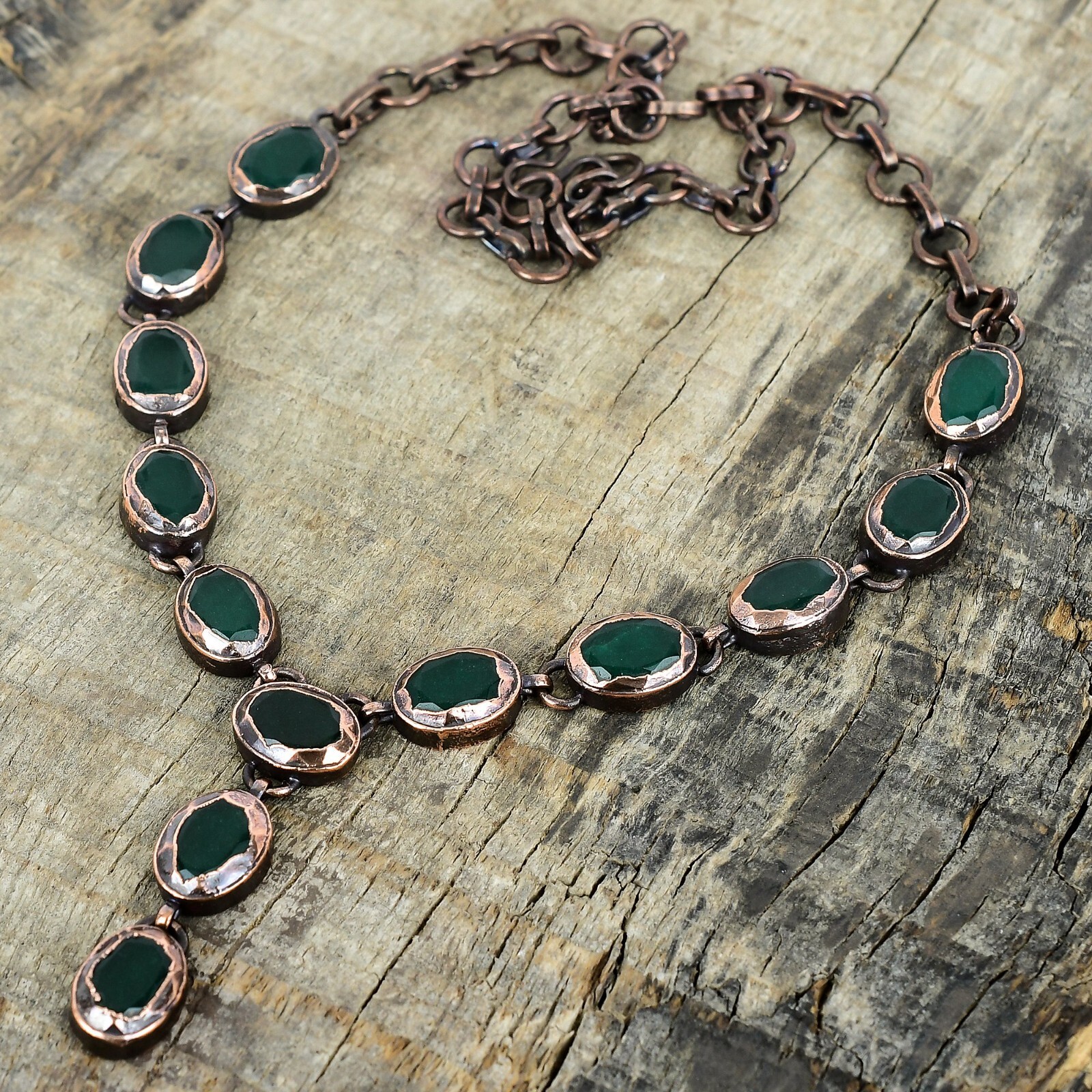 Valentines Deal Natural Zambian Emrald Bezel Electroformed Chain Necklace Copper