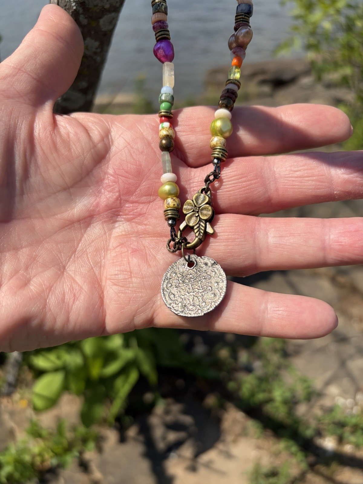 Multicolor Beaded Necklace Round Coin Pendant Bohemian fresh water pearls, glass