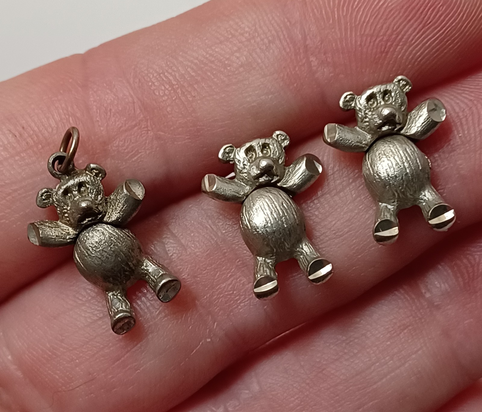Tiny Pewter Articulated Teddy Bear Earrings & Pendant No Chain