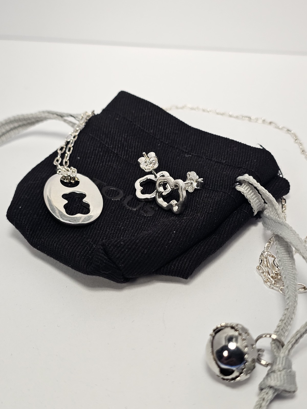 Tous Teddy Bear Pendant Necklace Earring Set Openwork S925 Sterling Silver 16″