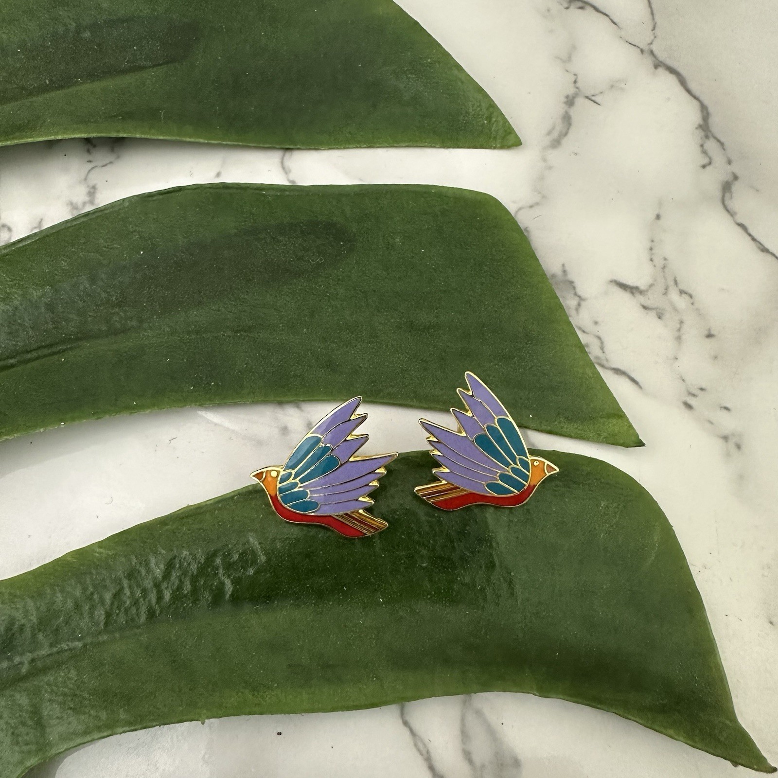 Laurel Burch Vintage Celeste Bird Earrings Gold Tone Purple Enamel Stud Flying