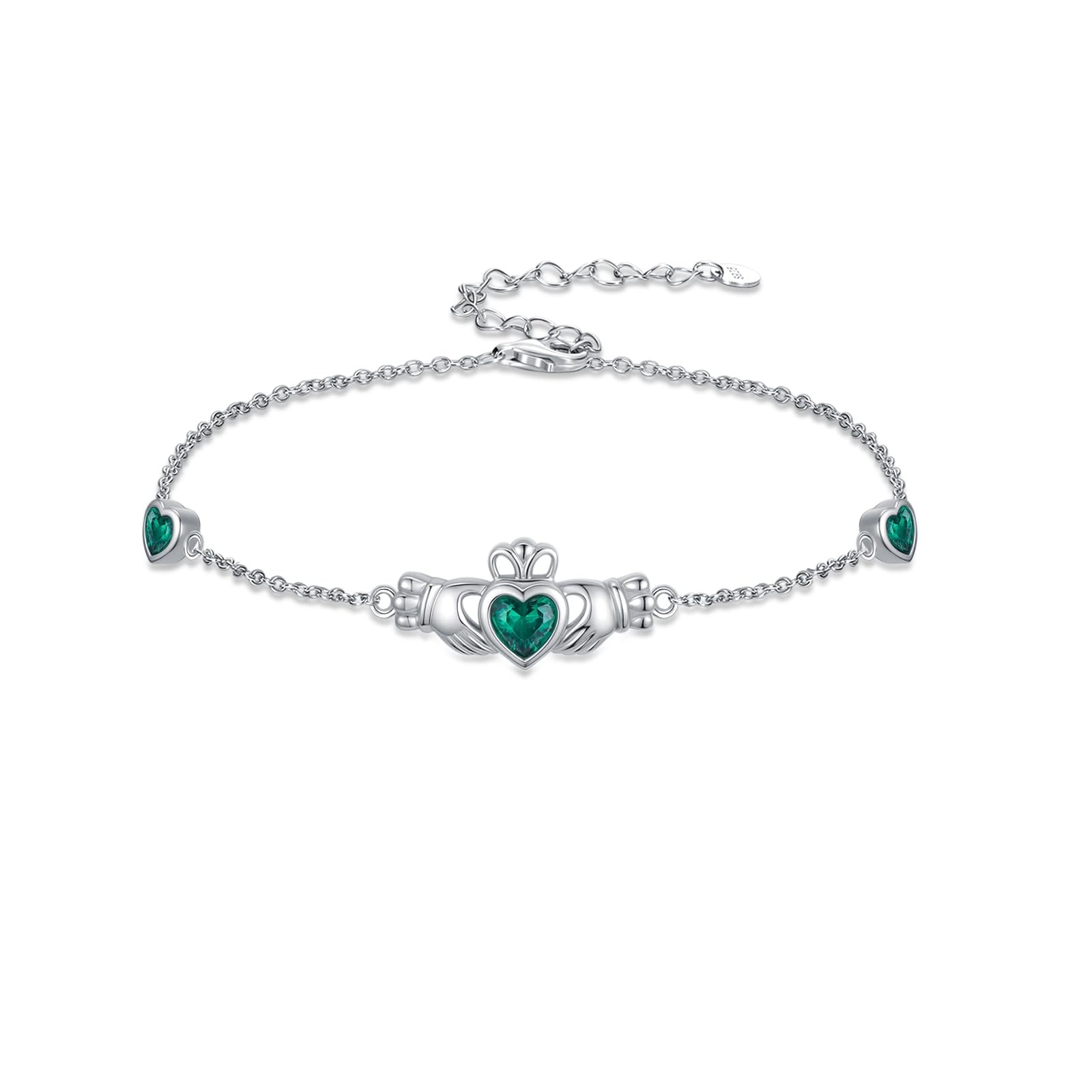925 Sterling Silver Claddagh Heart Bracelet For Women Adjustable Emerald Green