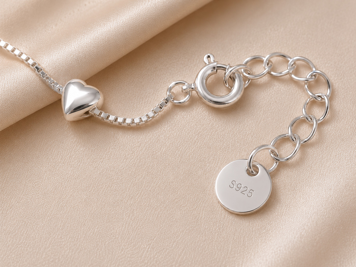 925 Sterling Silver Heart Charm Bracelet 16+2.5cm Adjustable Minimalist Gift for