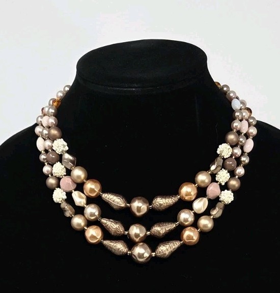 Vintage Triple Strand Taupe Neutrals Faux Pearl Glass Necklace 16-18″ Japan