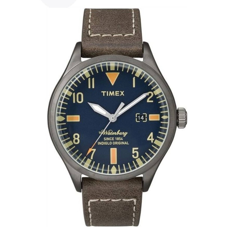 Timex Waterbury Traditional Men Blue Dial Gunmetal Brown Leather Watch TW2P83800