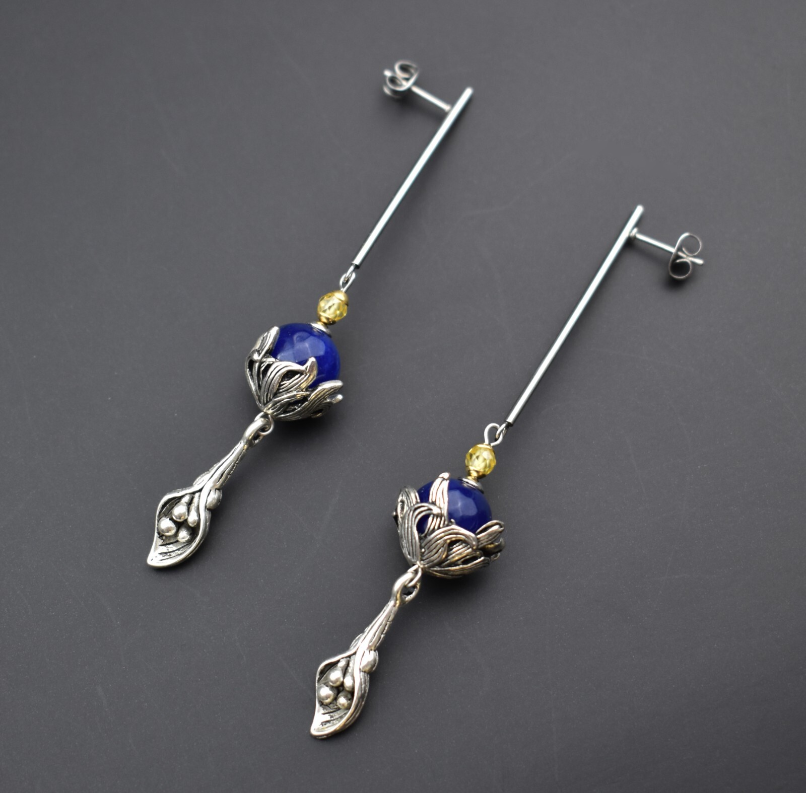 Long massive earrings silver tone, unusual floral dangles
