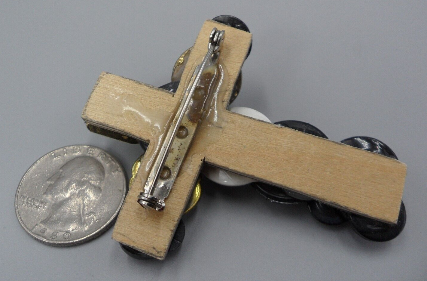 Assemblage Cross Brooch Vintage Button Art Rose Knot Dahlia Flower Sun 2.5″