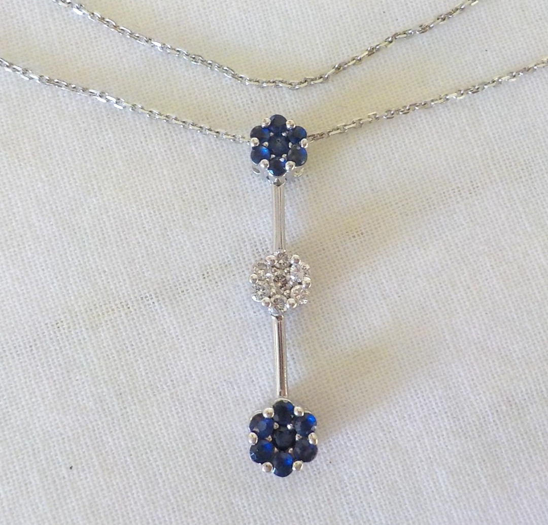 14K White Gold Bar Blue Sapphire Diamond Necklace – 4.0 gms, 18 in, 0.40 ctw