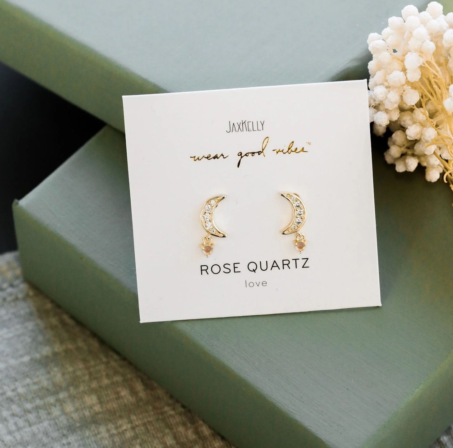 NEW Jax Kelly Rose Quartz Gold Crescent Moon Gemstone Drop Earrings Love CZ
