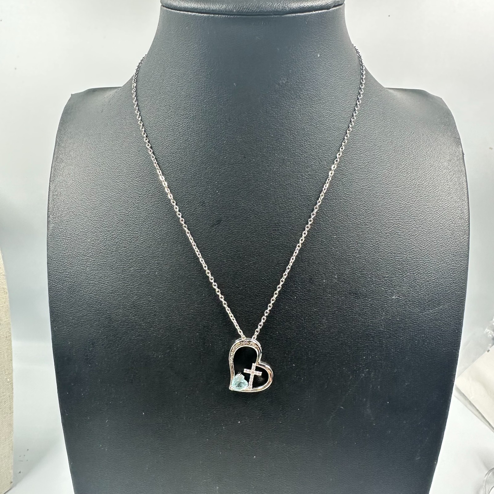 I Am A Child of God Heart Necklace Silver Tone Cross Blue Stone Accent 17 Inches