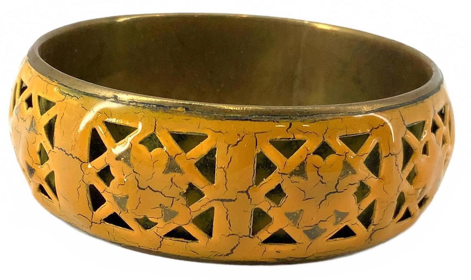 Vintage Brass Mustard Yellow Enamel Geometric Cutout Bangle Boho Cuff Bracelet