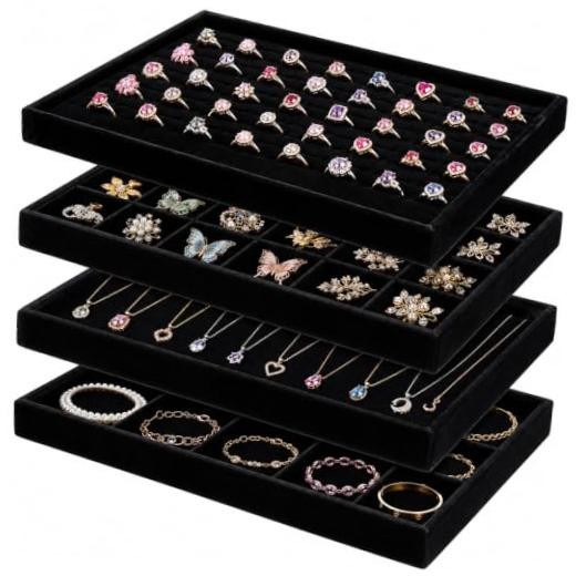 4 Pack Jewelry Tray, Stackable Velvet Jewelry Organizer Tray Jewelry-Tray