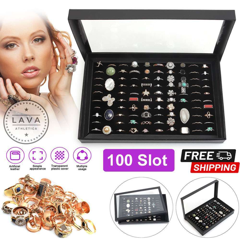 100 Slots Jewelry Ring Display Organizer Tray Holder Earrings Storage Boxes Case