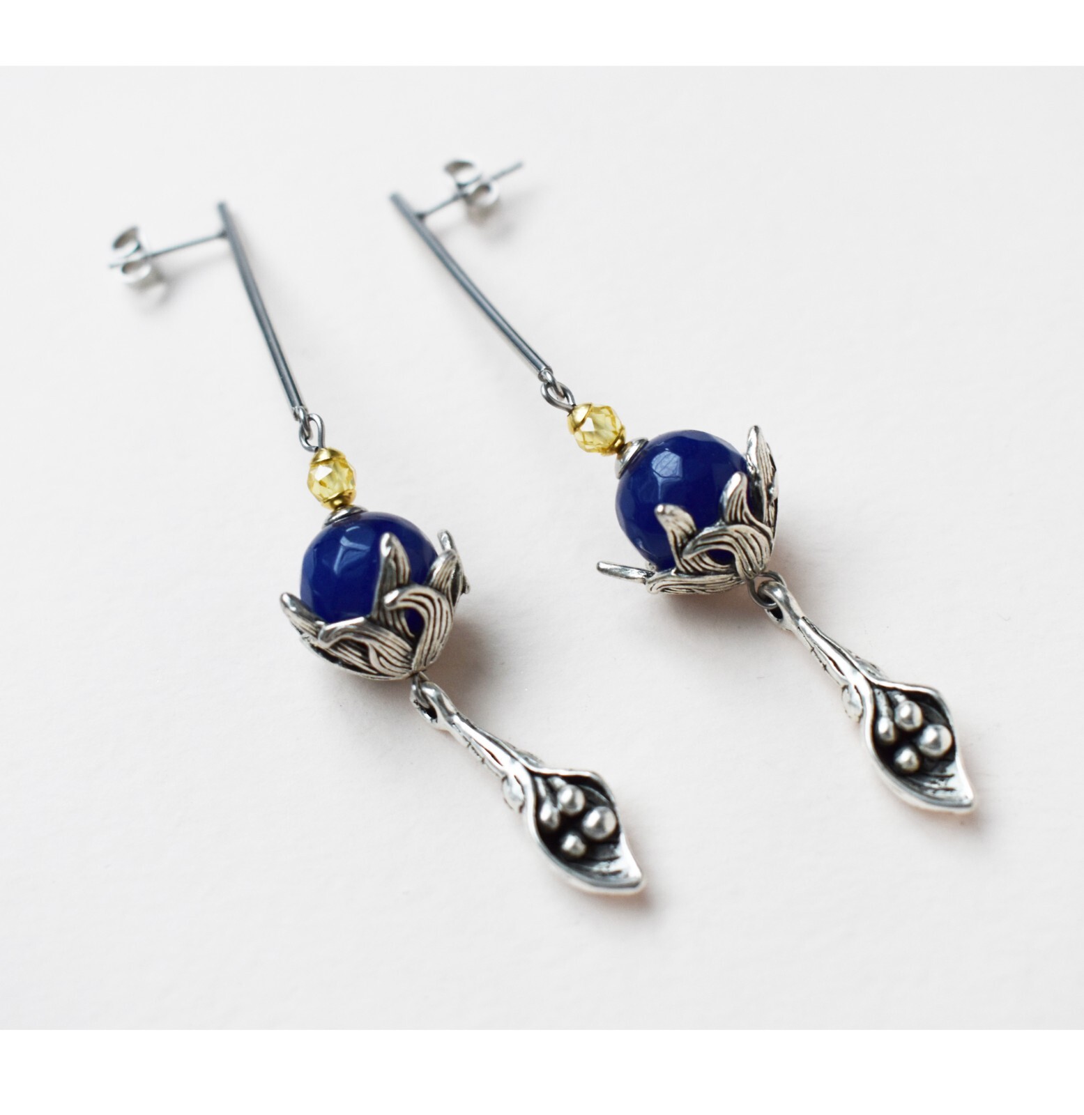 Long massive earrings silver tone, unusual floral dangles