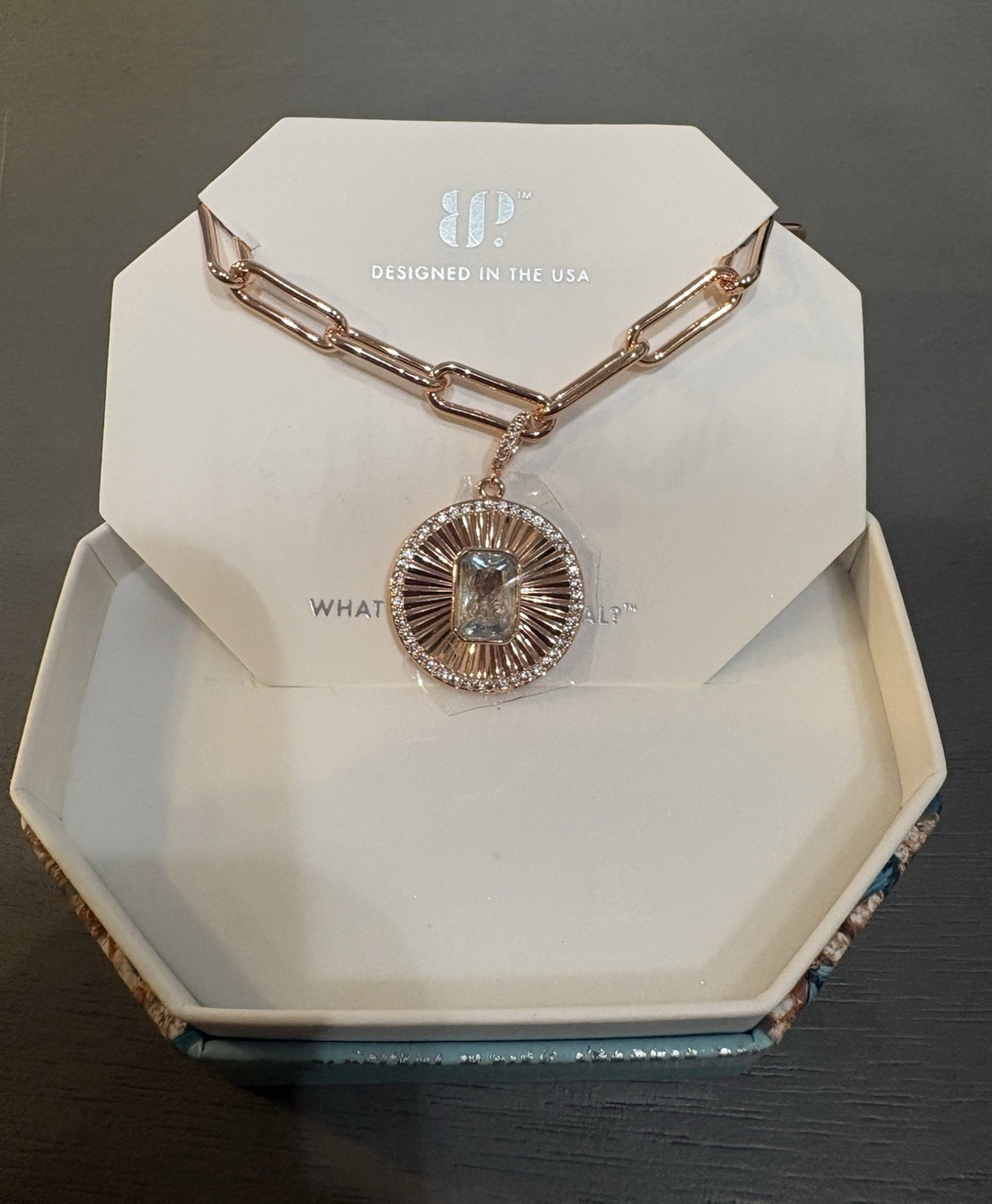 BP Rose Gold Plated Aquamarine CZ Link Chain Charm Pendant Necklace 18″ NK10912
