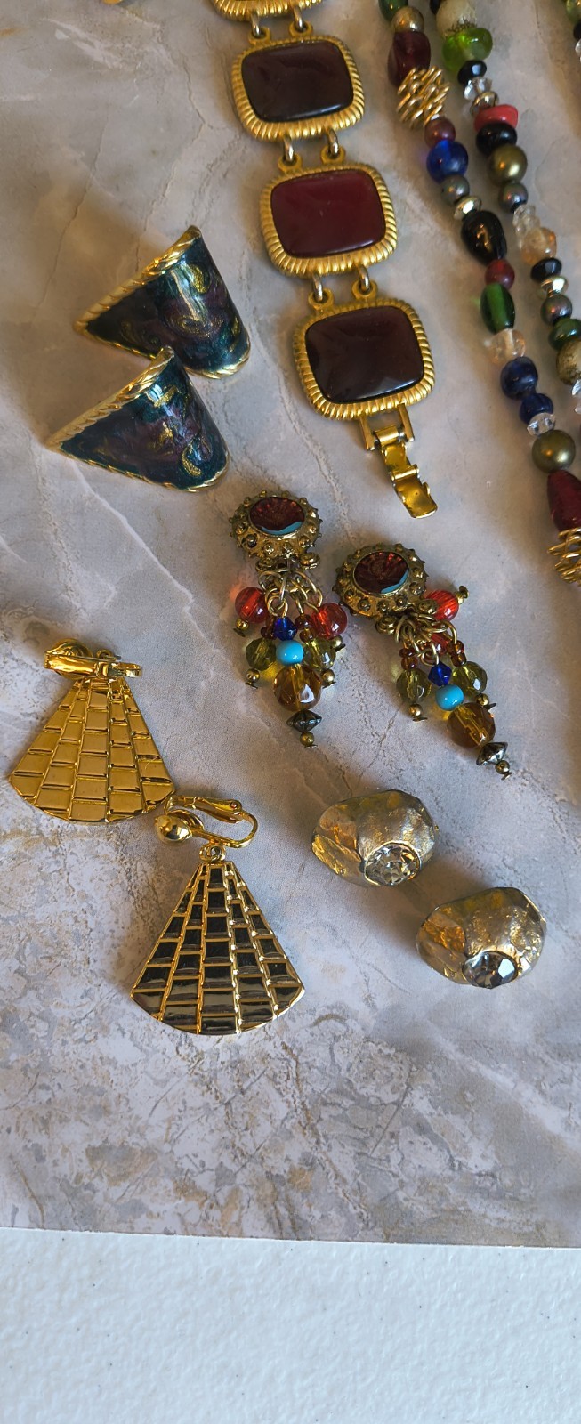 Huge Vintage Jewel Tone Wood Metal Enamel Earring Necklace Bracelet Jewelry Lot