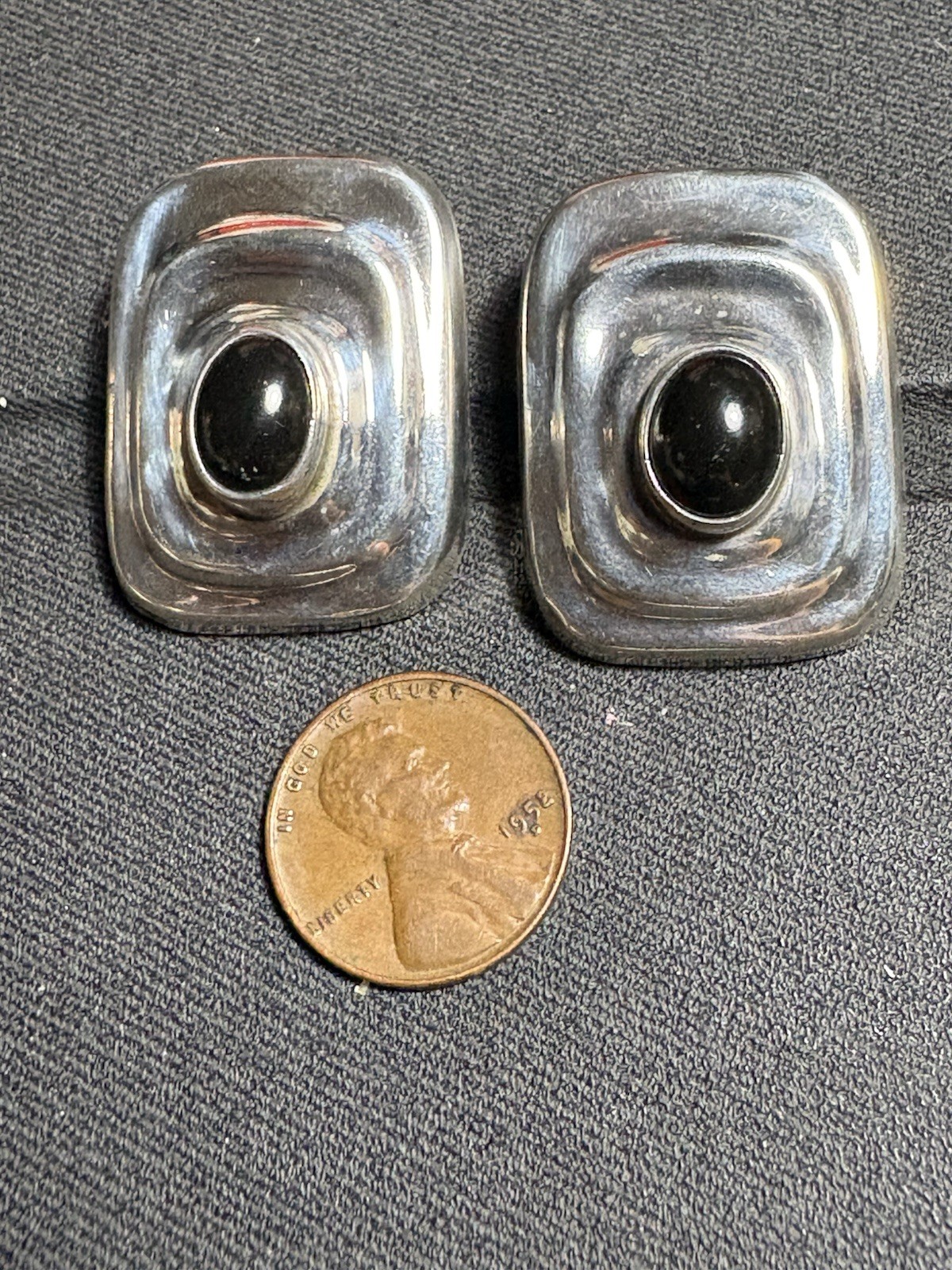 Large Sterling Vintage Mexico Onyx Clip On Earrings TC-132 925 Silver