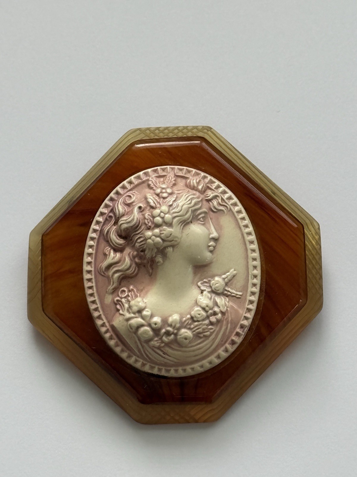 Vintage Art Deco Cameo Brooch Molded Celluloid Portrait on Hexagonal Bakelite