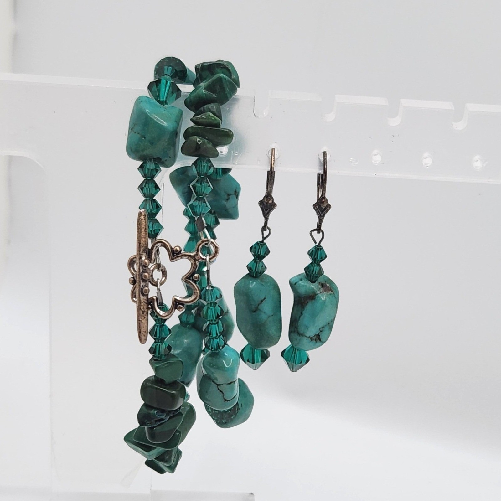 Boho Turquoise Malachite 925 Sterling Silver Bracelet Earrings Set Green Glass