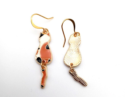 Metal and Enamel Multicolor Calico Cat Earrings with Wiggling Tails