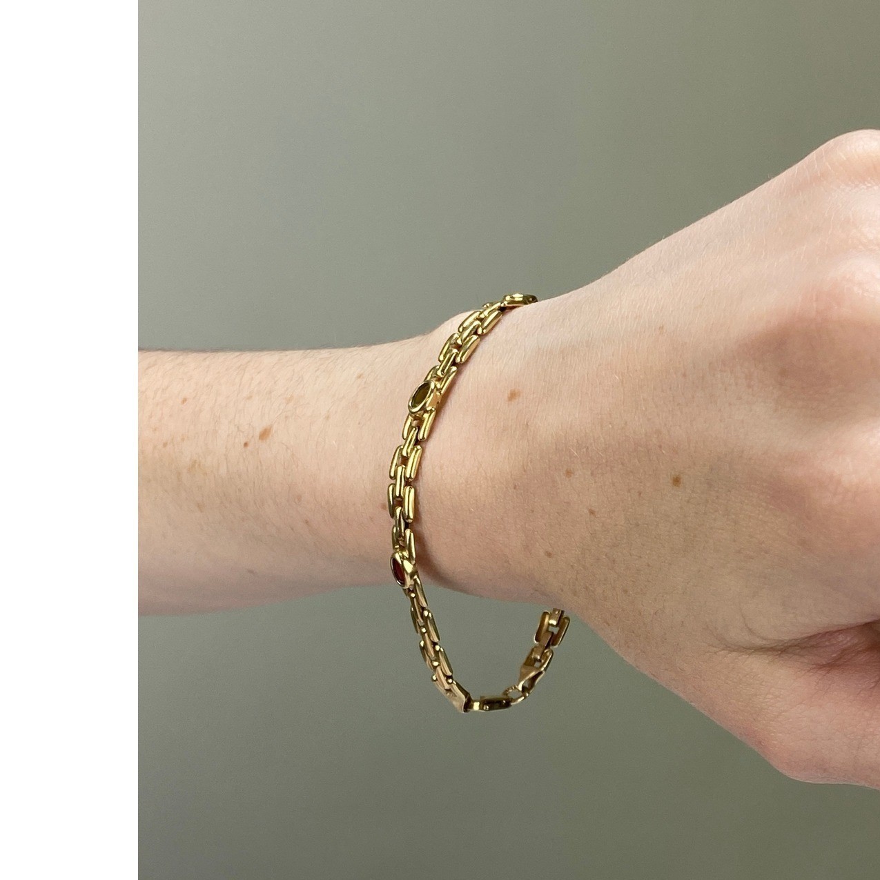 Estate 14k Yellow Gold Panther Link Multi Gemstone Rainbow Bracelet 7.25in