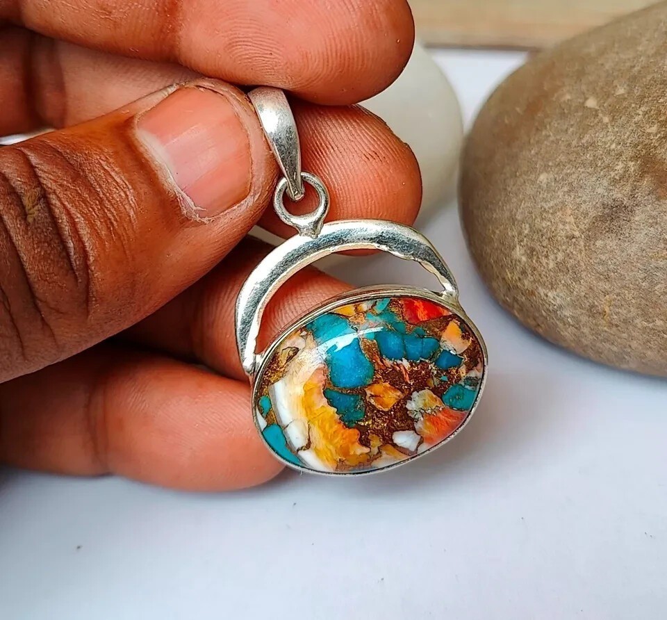 Oyster Copper Turquoise Pendant Solid 925 Sterling Silver Wonderful Pendant