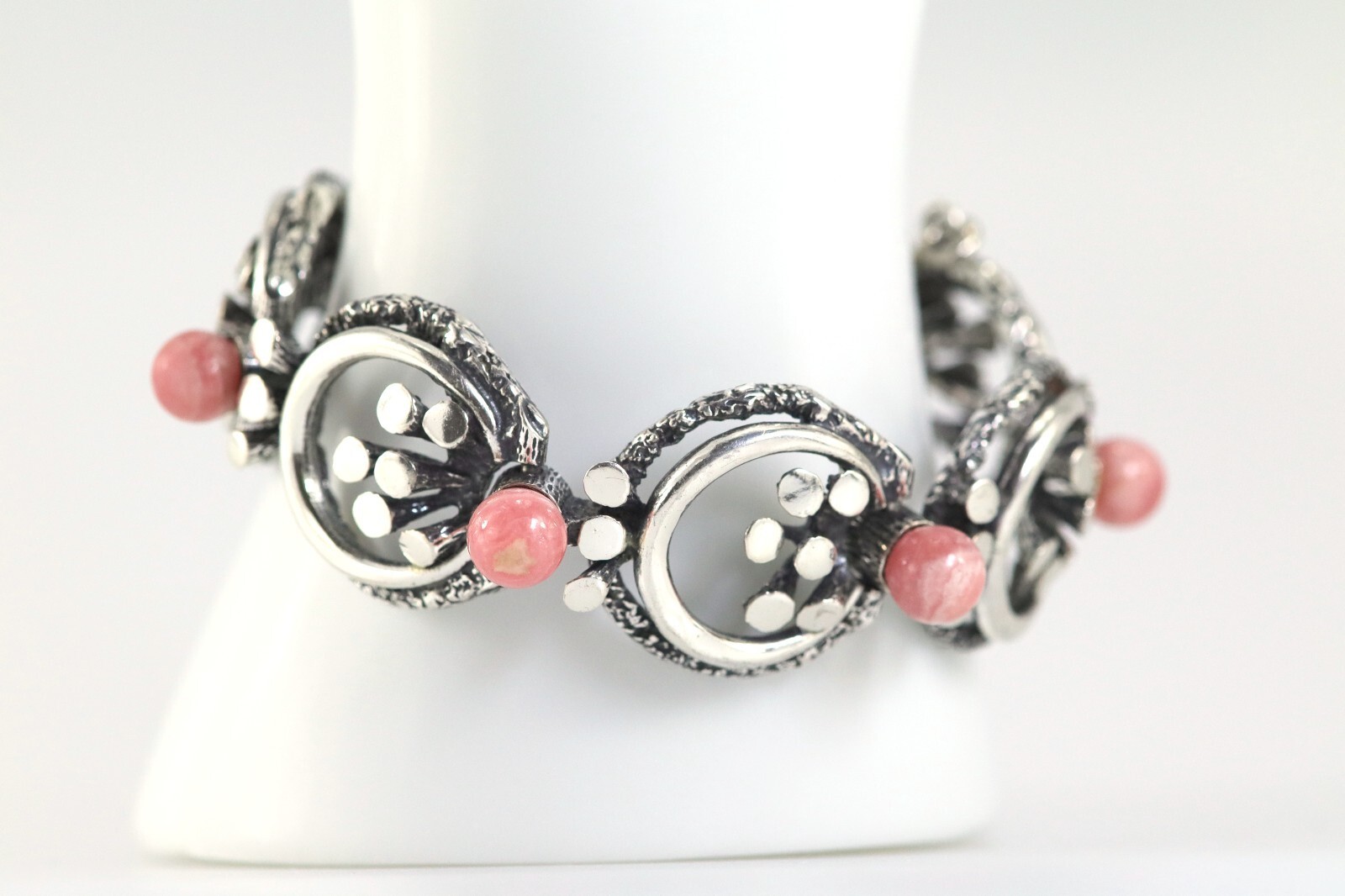 Floral Sterling Silver (925) Link Bracelet, with Rhodochrosite, Floral, L: 19cm