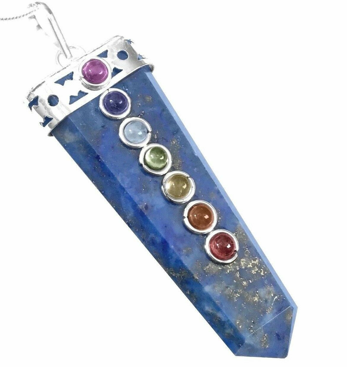 Blue Lapis Lazuli Crystal 7 Chakra Pendant Gemstone Necklace Sterling Silver Han