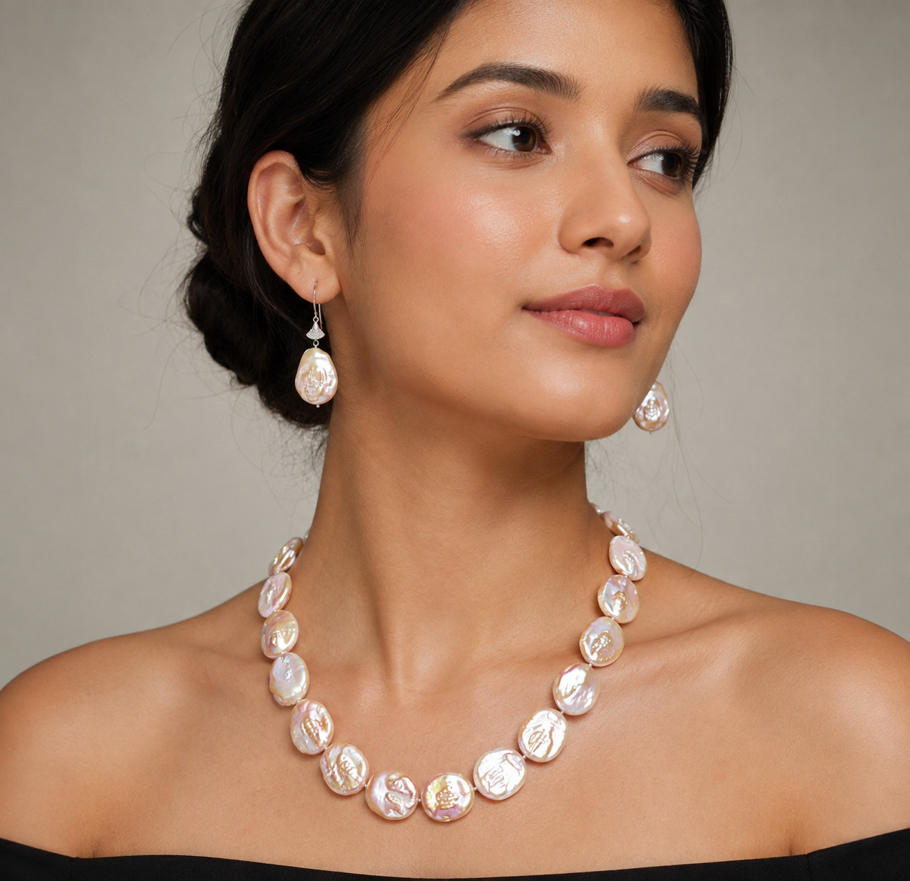 Genuine Natural Peach Baroque Pearl Necklace Earrings Set AA Quality 16 Inch