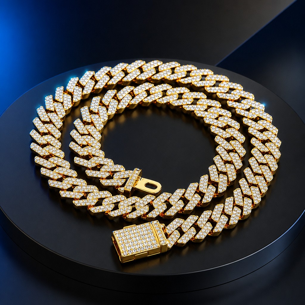 Iced Out Cuban Link Chain Necklace Men Rhinestone Stainless Steel New