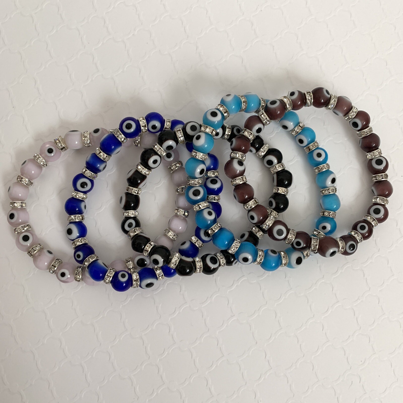 Evil Eye Bracelets Medium Glass Beads Crystals Elastic String Many Colors Stack